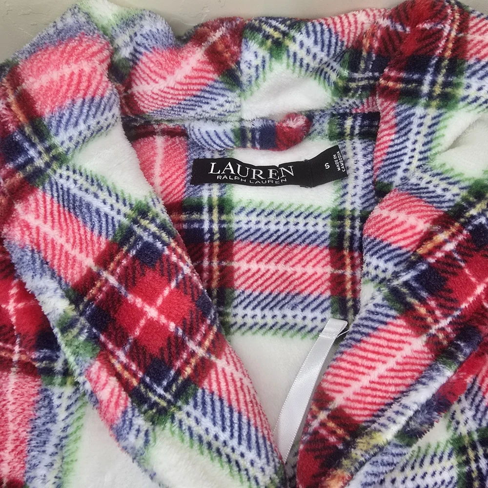 NWT Lauren Ralph Lauren Ivory Plaid Plush Bath Robe Size Small Cozy Warm Lounge
